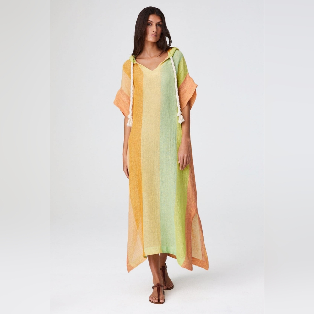 LISA MARIE FERNANDEZ THE DRAWSTRING HOODED CAFTAN IN CITRUS AWNING STRIPES